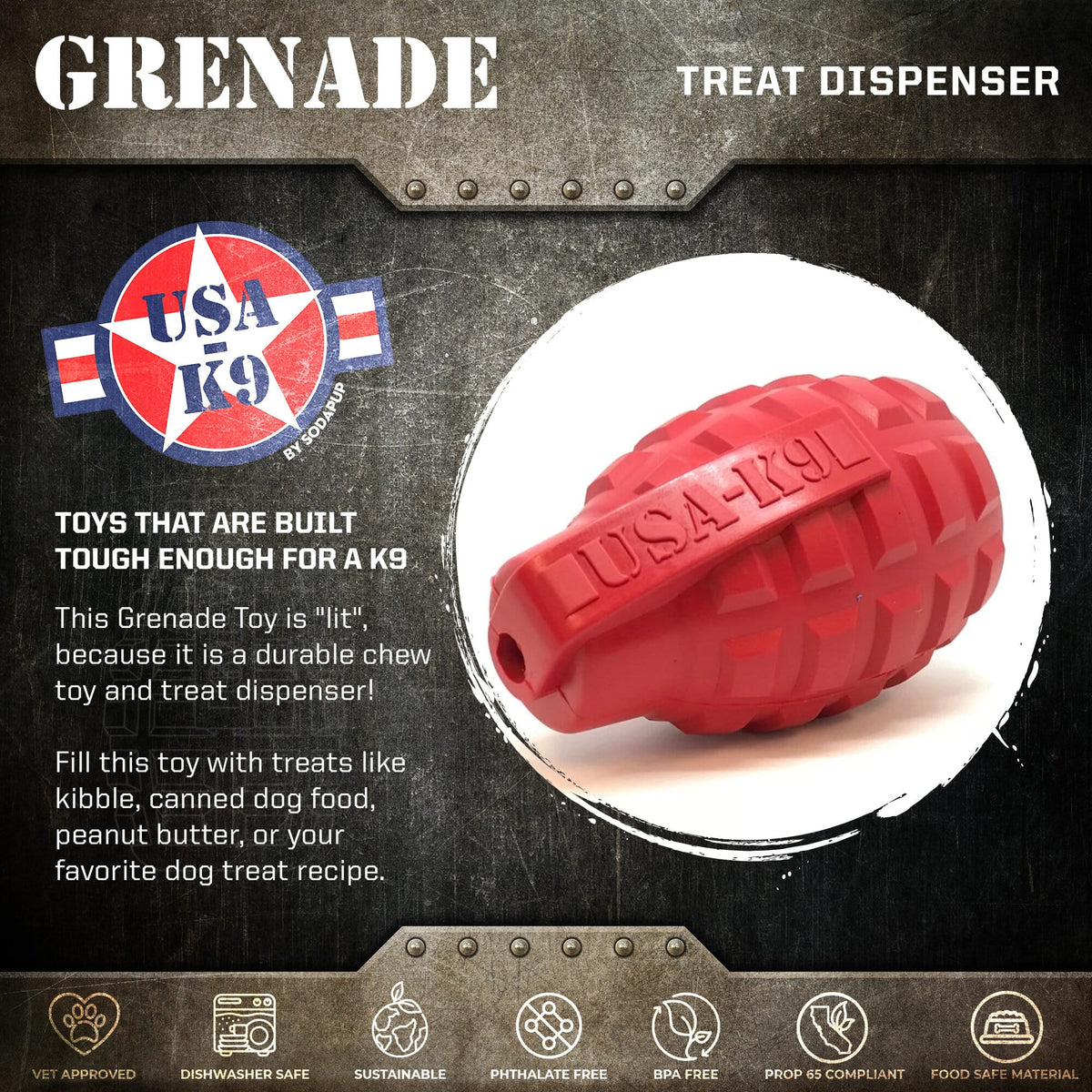 USA-K9 Grenade Rubber Reward and Tug Toy