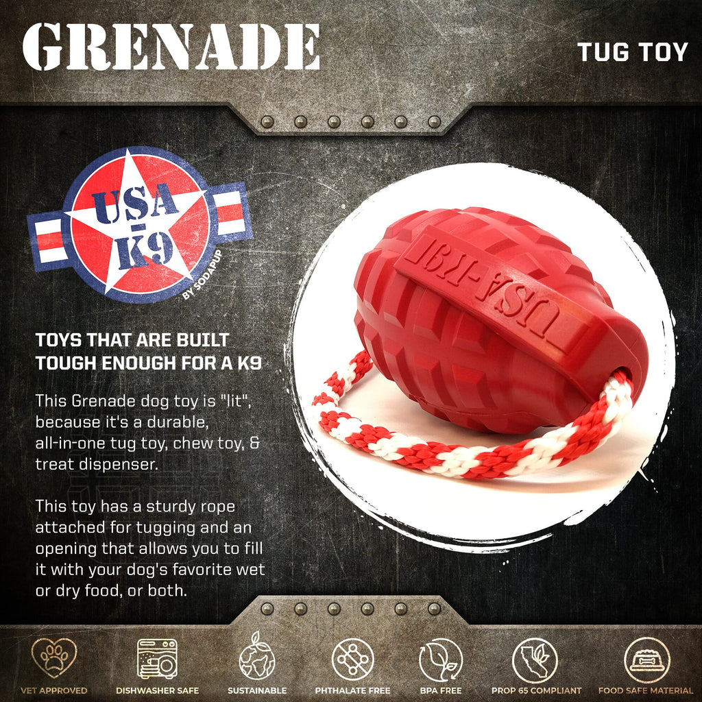 USA-K9 Grenade Rubber Reward and Tug Toy, Army Green