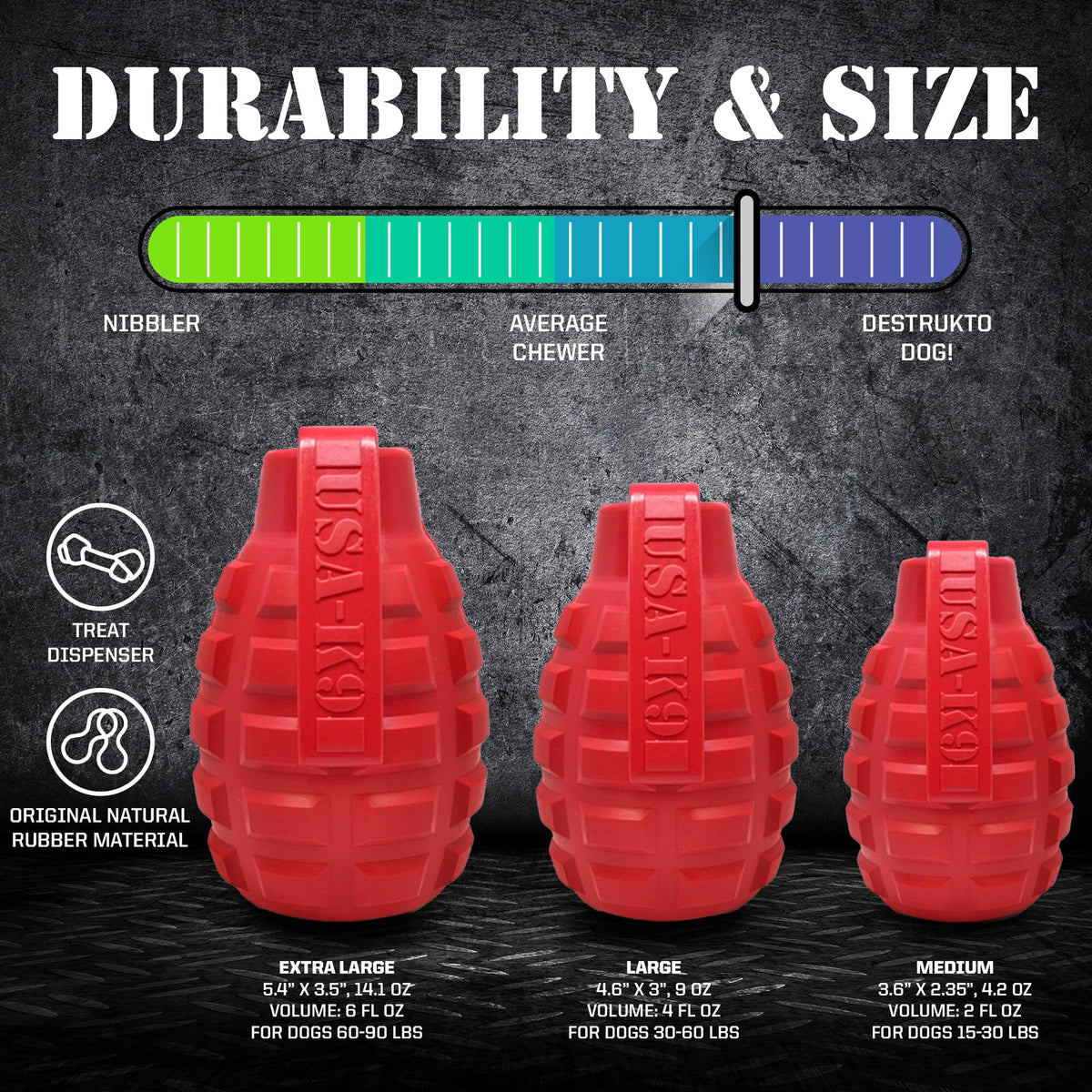 USA-K9 Grenade eDispenser Rubber Chew Toy, Magnum Black