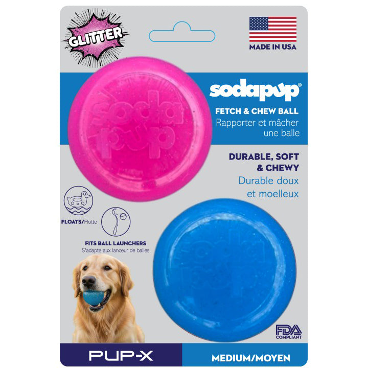 Pink and blue SodaPup glitter fetch balls
