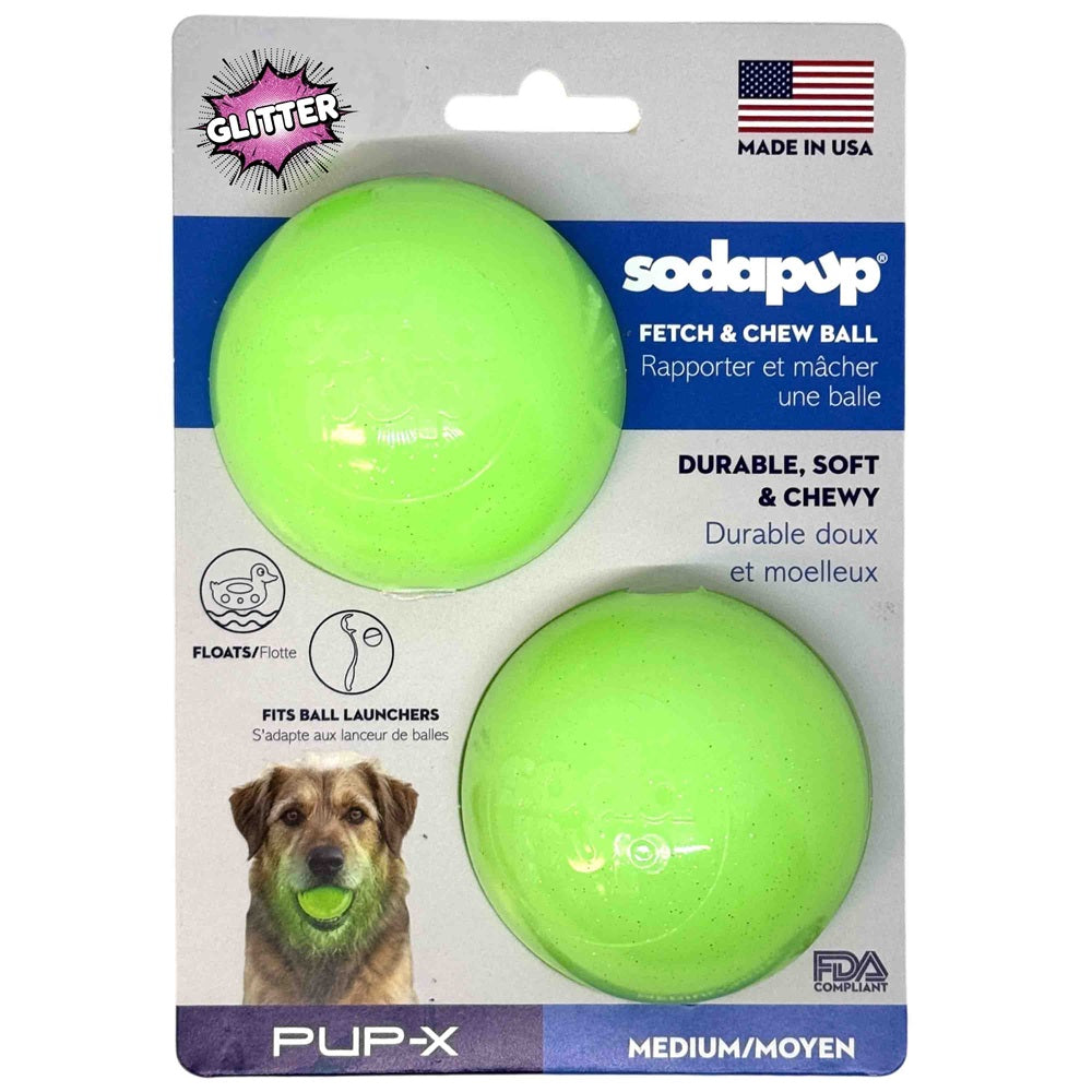 Two SodaPup green glitter fetch balls