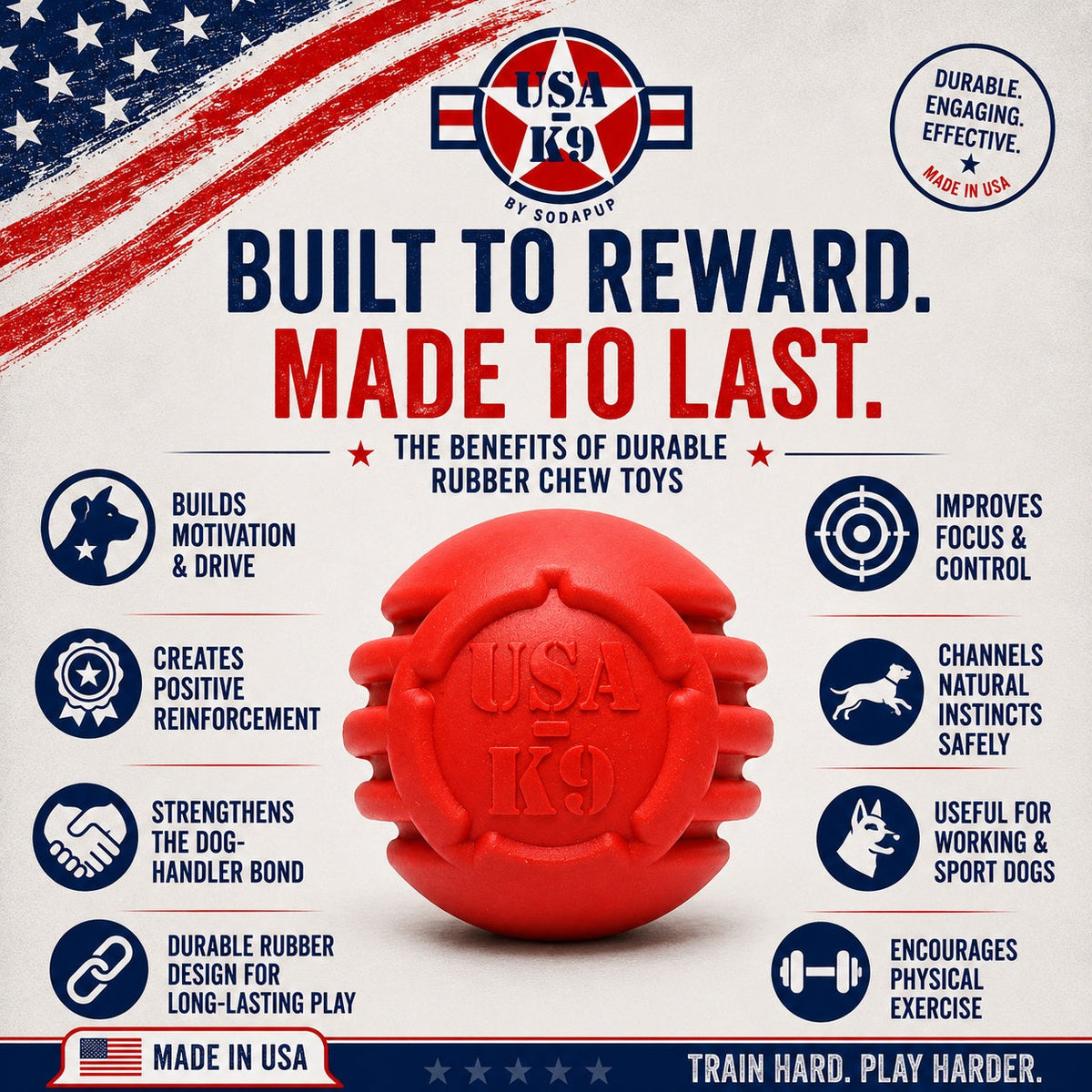 USA-K9 Stars and Stripes Rubber Reward Toy, Red