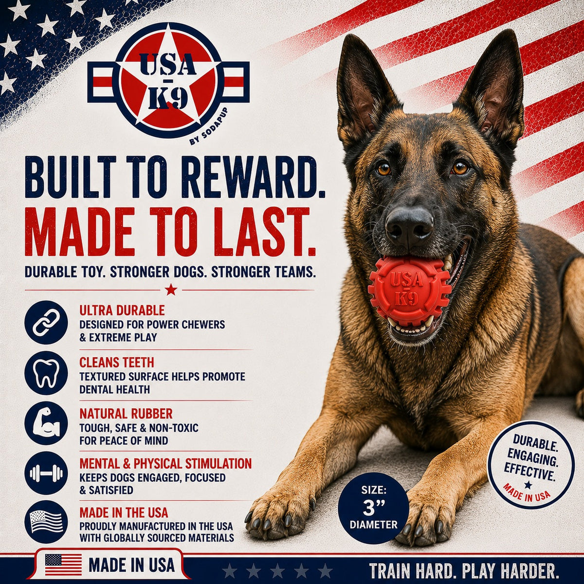 USA-K9 Stars and Stripes Rubber Reward Toy, Red