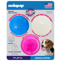 Three SodaPup glitter rubber fetch balls