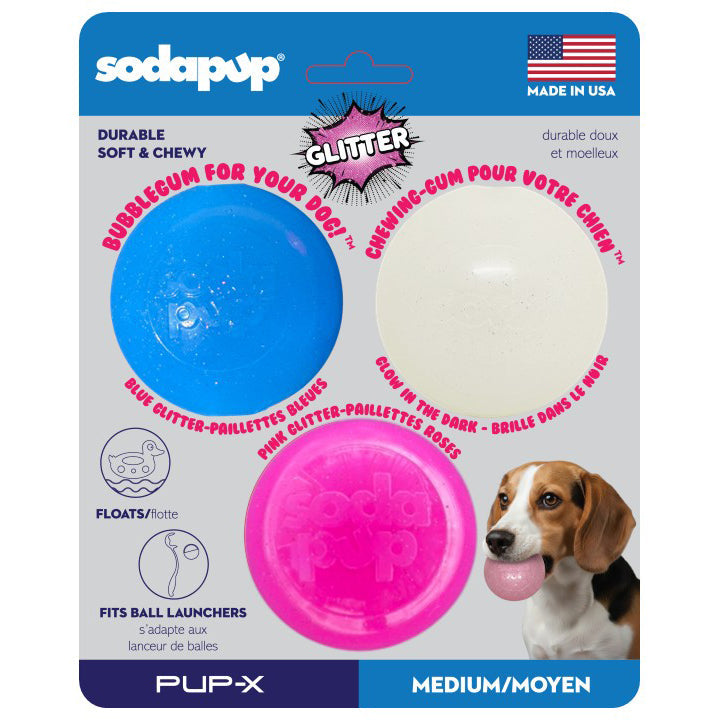 Three SodaPup glitter rubber fetch balls