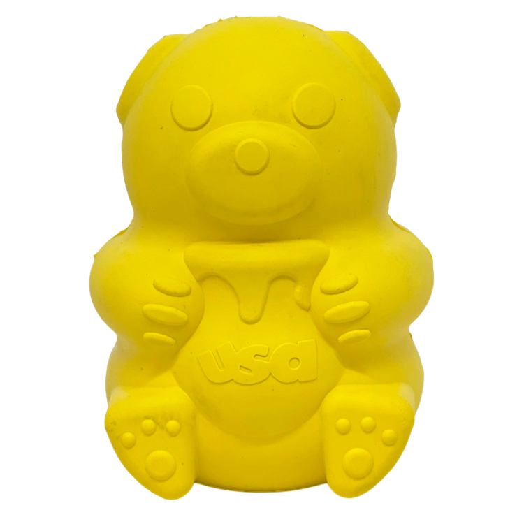 Honey bear shaped rubber treat dispenser dog toy