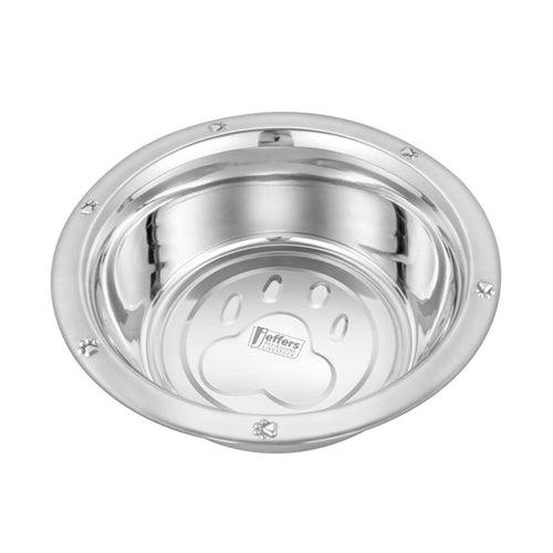 Stainless steel pet bowl with embossed paw prints and wide lip