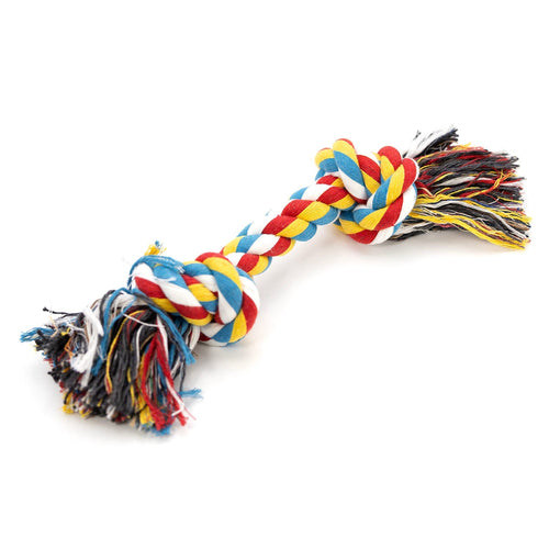 Multicolored braided rope bone tug toy
