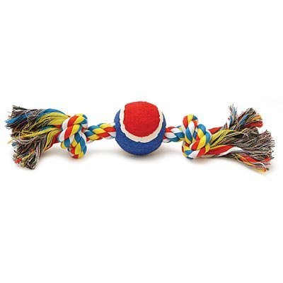 Multi-colored rope bone dog toy with ball