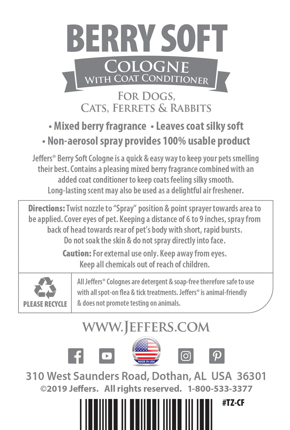 Jeffers Pet Cologne with Coat Conditioner, 16 oz - FurrowpetstoreGrooming & CleanupJeffers