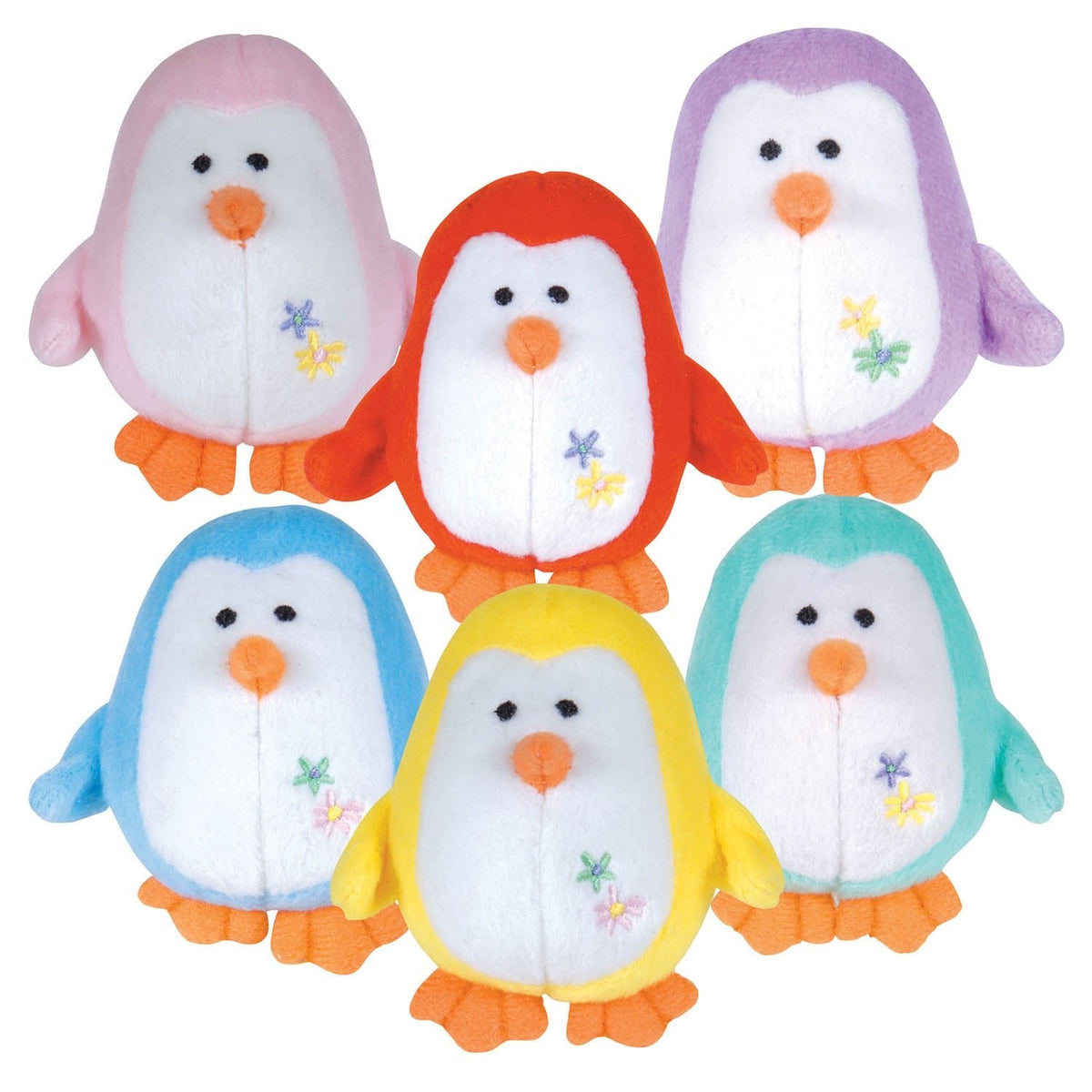 Small plush penguin squeaker toys in bright colors