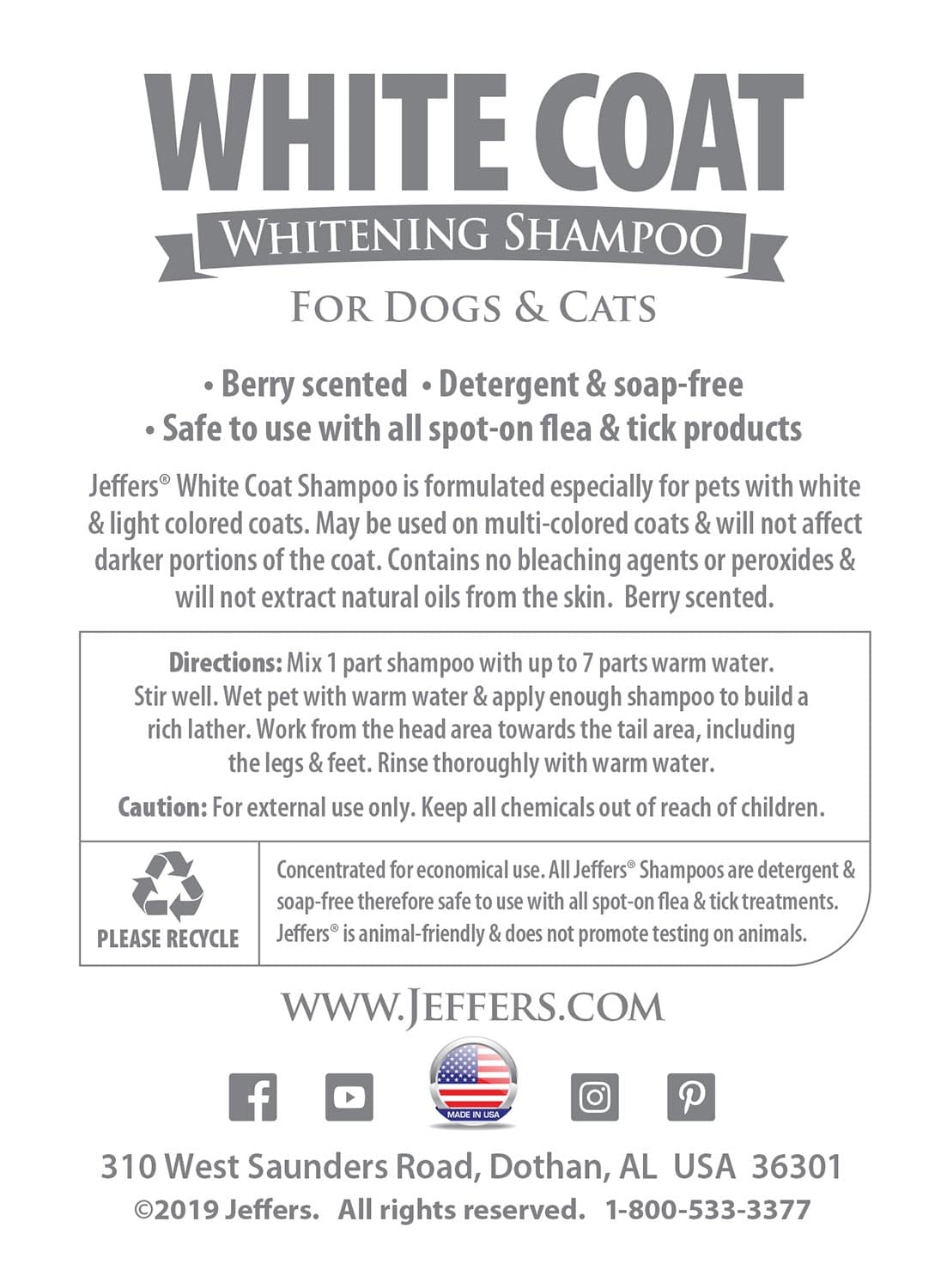Jeffers White Coat Whitening Shampoo for Dogs & Cats