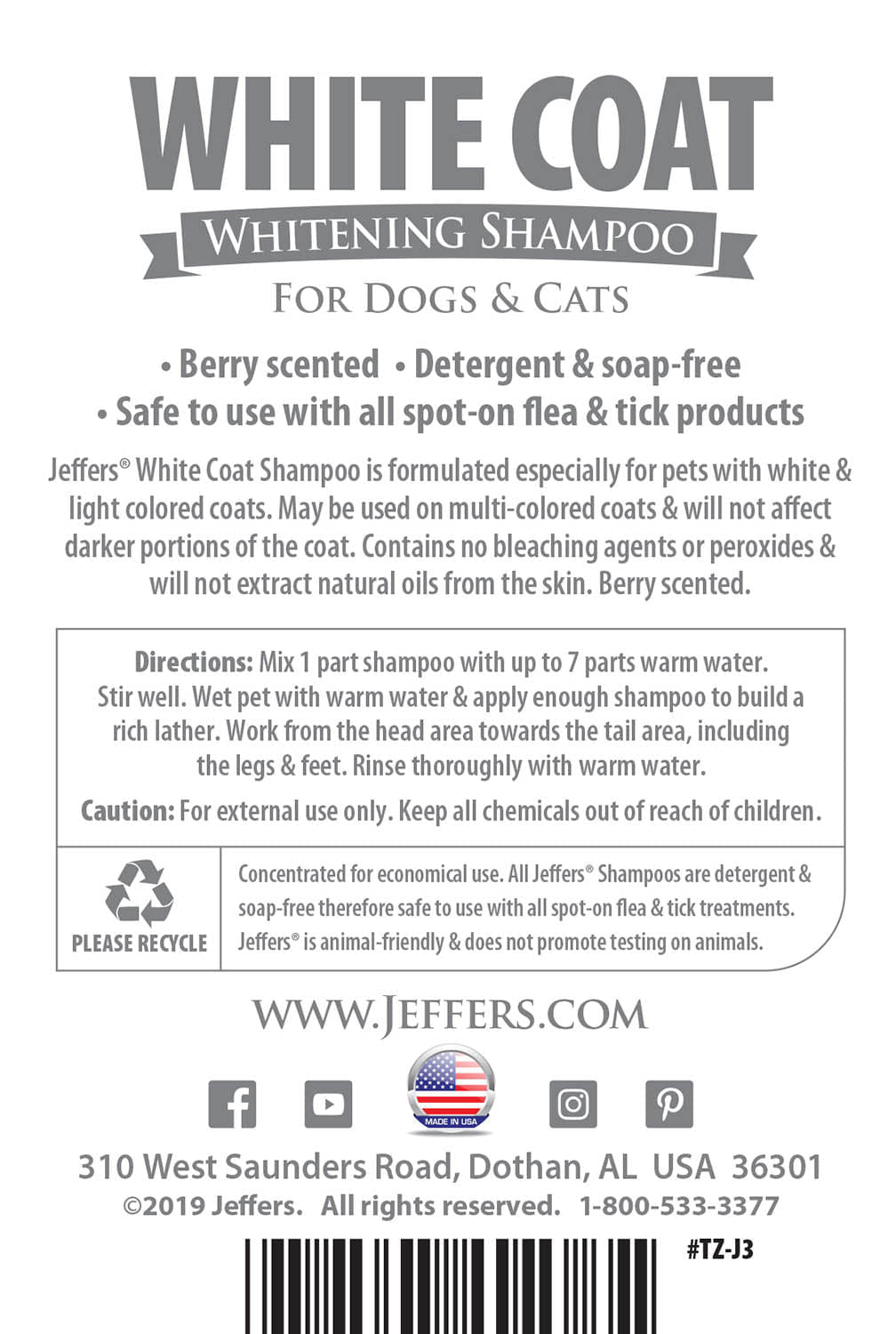 Jeffers White Coat Whitening Shampoo for Dogs & Cats - FurrowpetstoreGrooming & CleanupJeffers