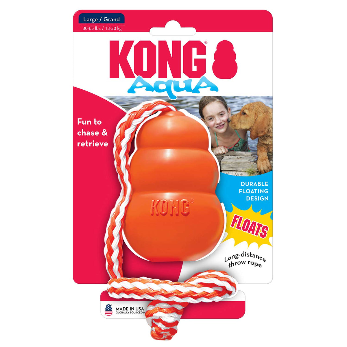Orange KONG Aqua floating dog toy with 18-inch rope