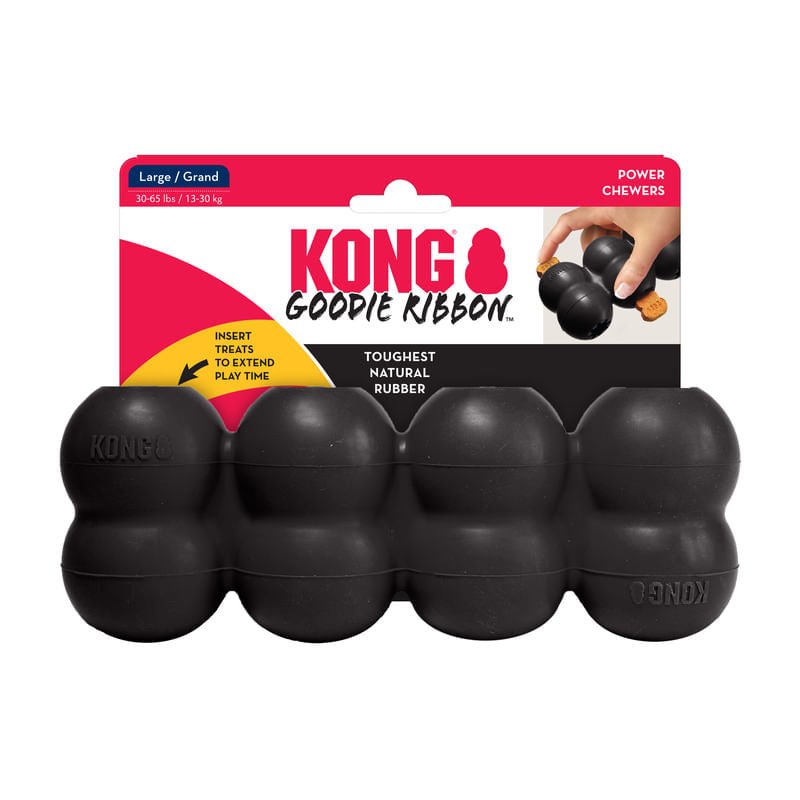 Black KONG Extreme Goodie Ribbon rubber dog chew toy with treat compartments