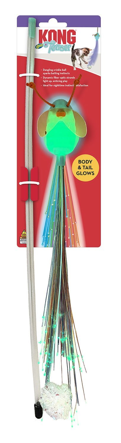 KONG Teaser Glow Firefly cat wand toy with fiber optic strands and crinkle ball