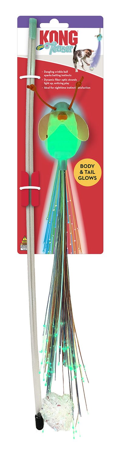 KONG Teaser Glow Firefly cat wand toy with fiber optic strands and crinkle ball