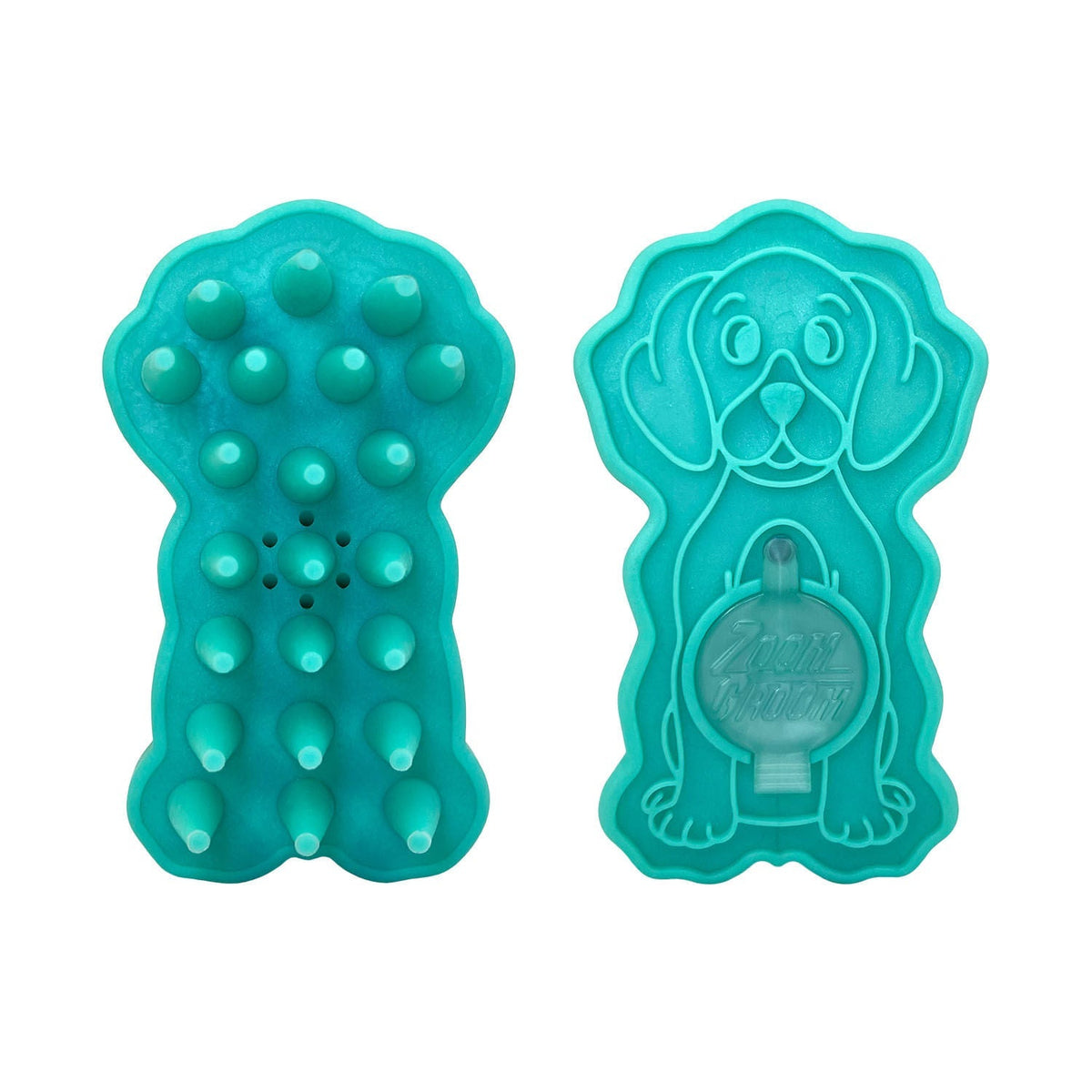 Teal KONG ZoomGroom rubber brush with shampoo compartment