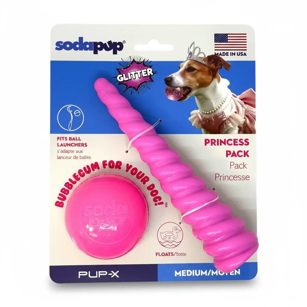 SodaPup Princess Pack pink glitter ball and unicorn horn chew