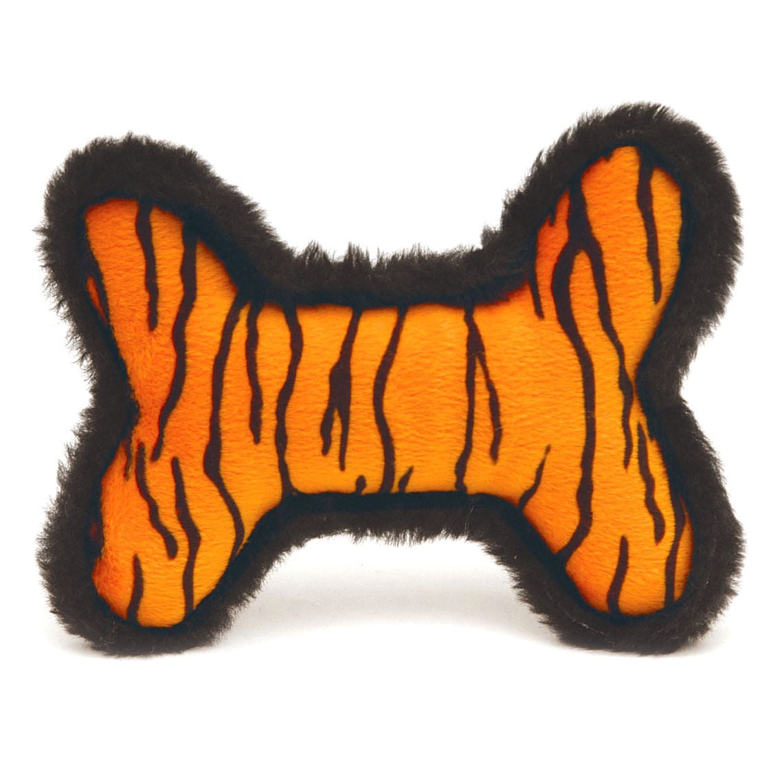 Orange and black tiger-print plush bone squeaky dog toy