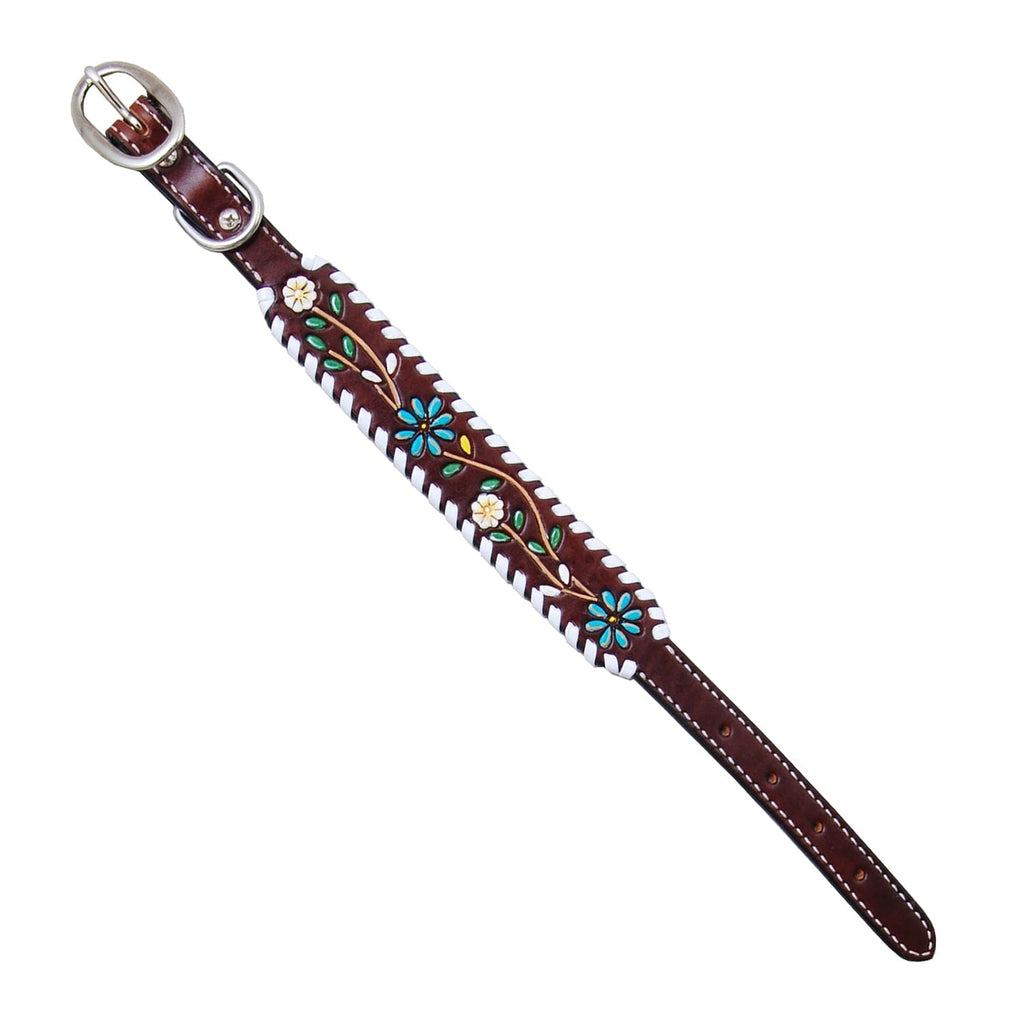 Rafter T leather dog collar with hand-painted floral vine and white whipstitch