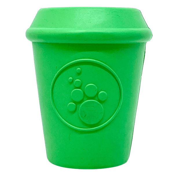Green SodaPup coffee cup shaped rubber treat dispenser toy