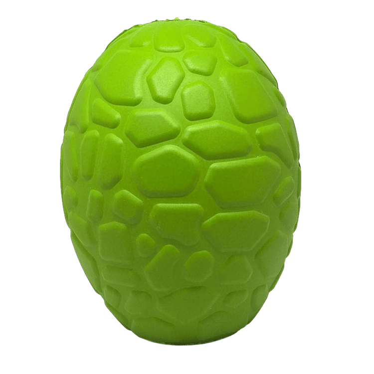 Green SodaPup dinosaur egg rubber treat dispenser dog toy