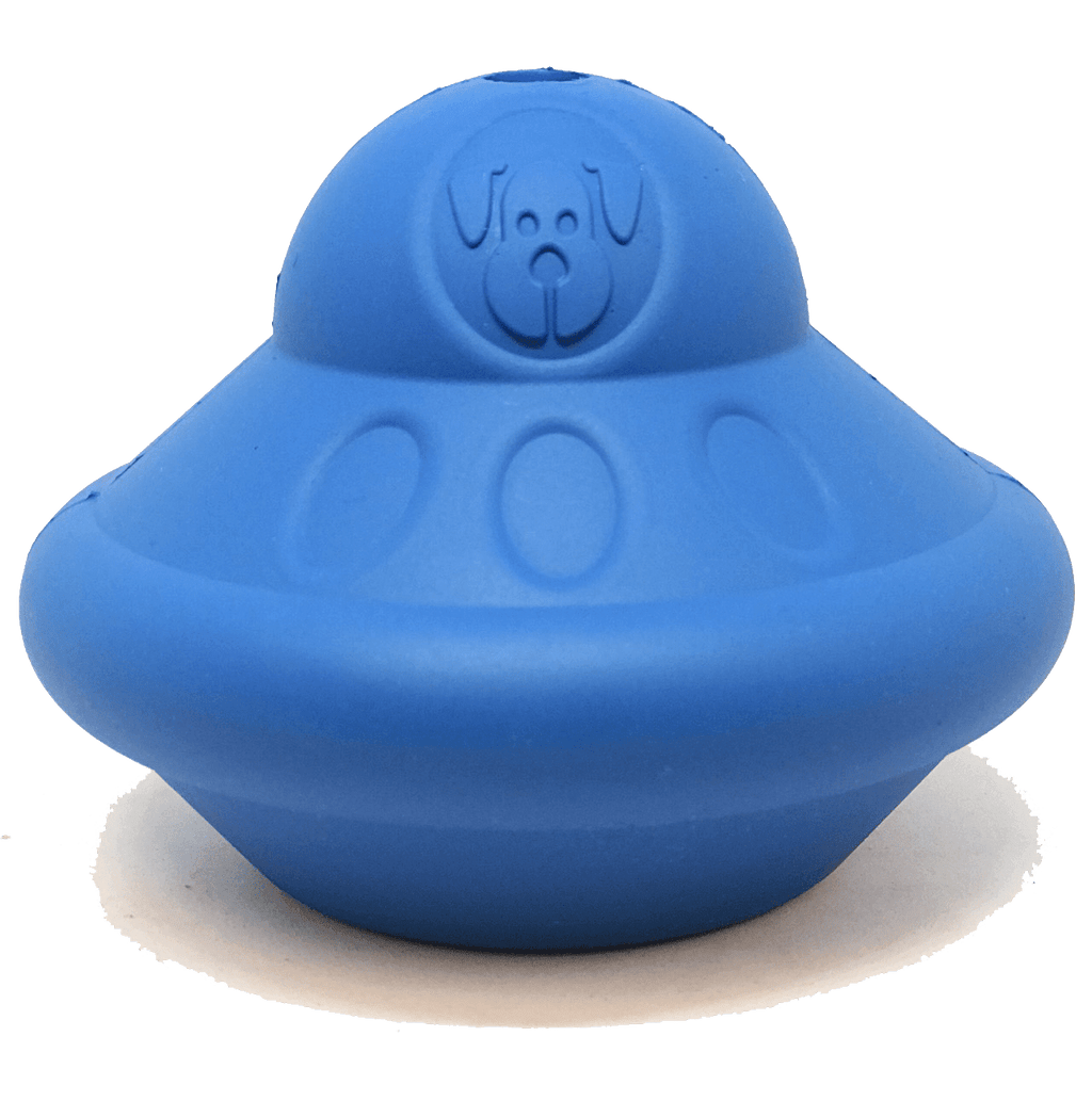 Blue SodaPup flying saucer rubber treat dispenser dog toy