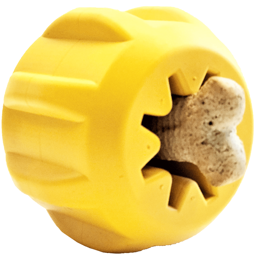 Yellow SodaPup gear-shaped rubber chew holder dog toy