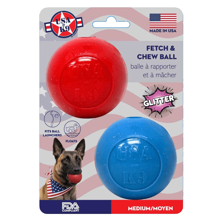 Red and blue SodaPup glitter rubber fetch balls