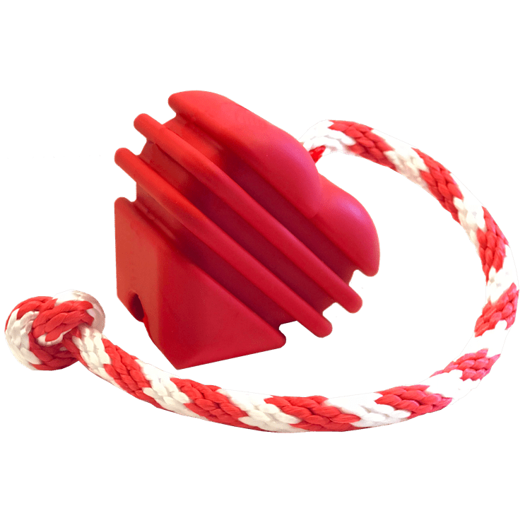 Red SodaPup rubber heart dog toy on a rope