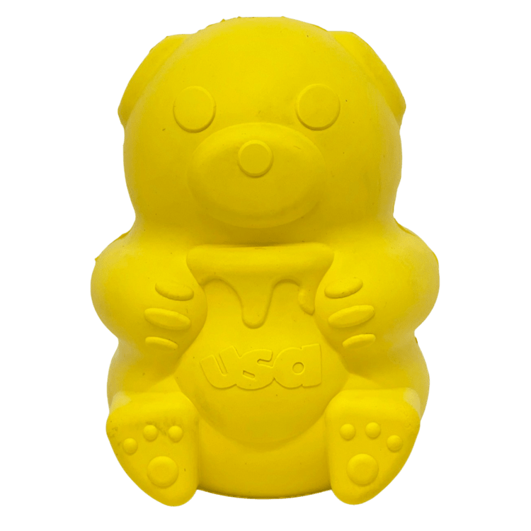 Honey bear shaped rubber treat dispenser dog toy