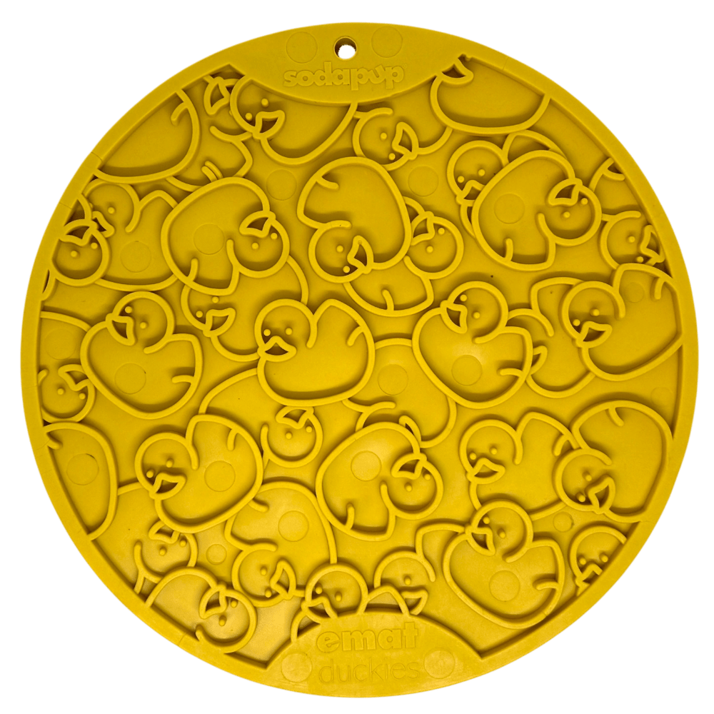 Yellow SodaPup Rubber Duckies eMat lick mat with suction cups