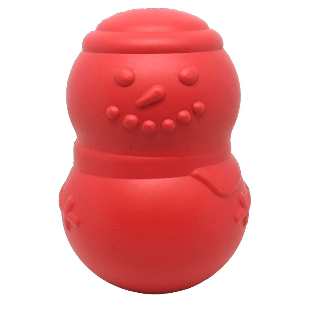 Red SodaPup snowman shaped rubber treat dispenser dog toy