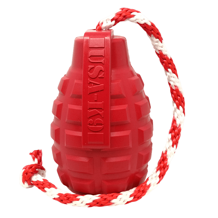 Red SodaPup USA-K9 grenade-shaped rubber reward toy