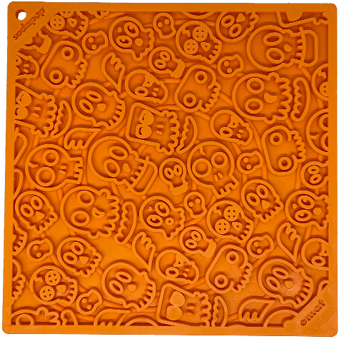 Orange SodaPup Zombie eMat lick mat with skull design