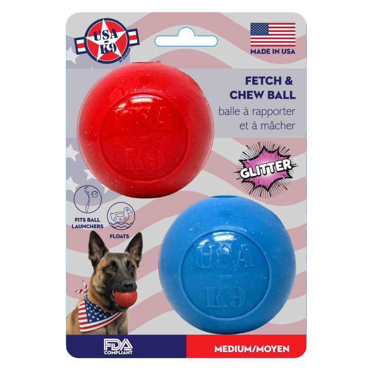 Red and blue SodaPup glitter rubber fetch balls